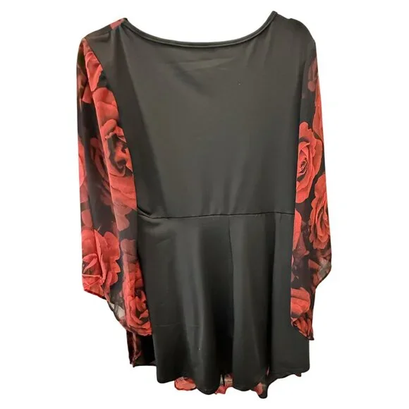 Rose Print Womens Top Red Black Tie Bodice Dramatic Sleeve Fairy Goth Grunge 1X - Picture 4 of 6